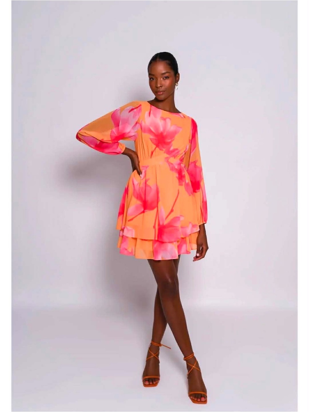 Hutch Ellis long-sleeve floral chiffon mini dress in orange and pink - SMALL